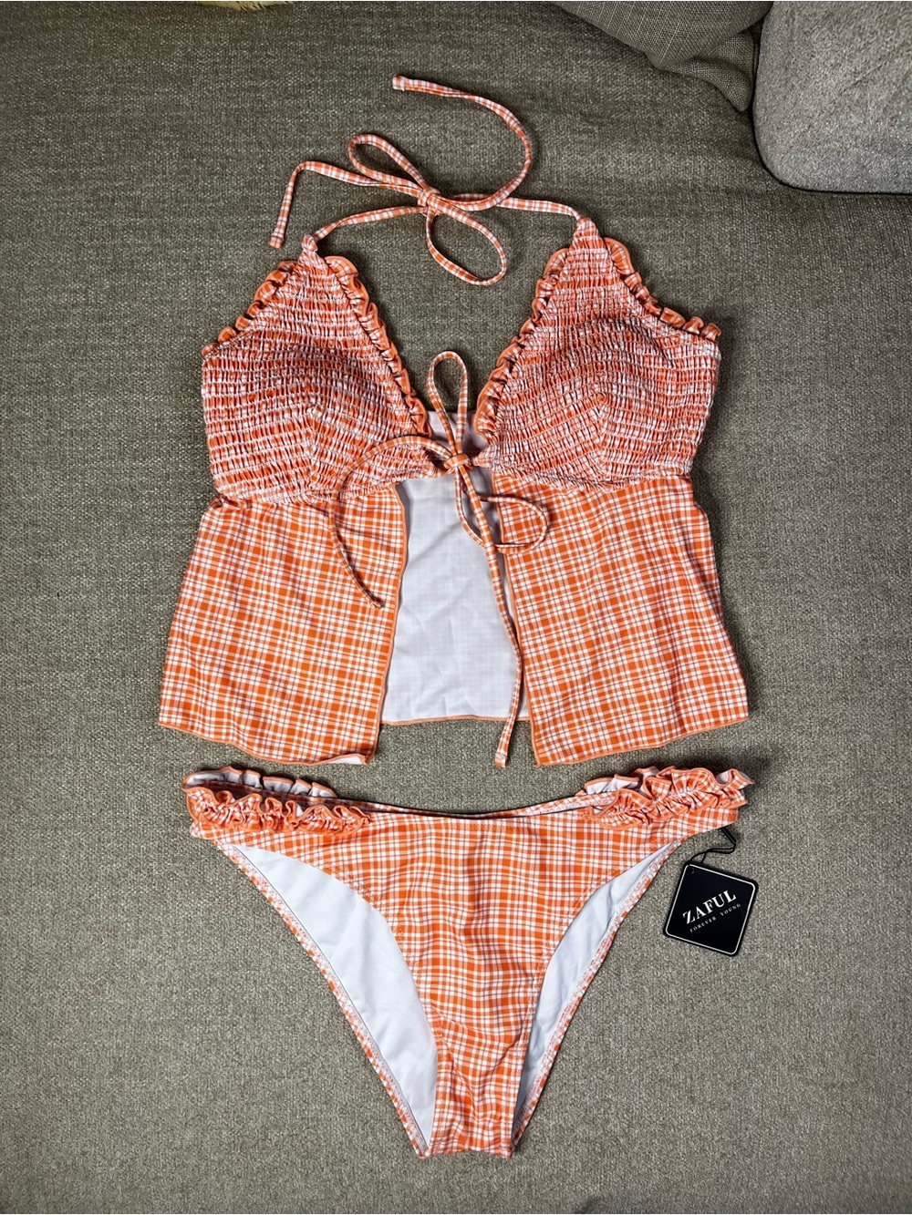 Zaful Orange Plaid Ruffle Tie-Front Bikini Set